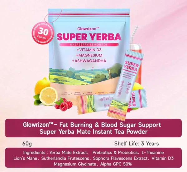 ✨[Official Store]✨ Glowrizon™ Fat Burning & Blood Sugar Support Super Yerba Mate Instant Tea Powder ( 💯🛡️ NIH-Recommended) | Raspberry Lemonade Flavor